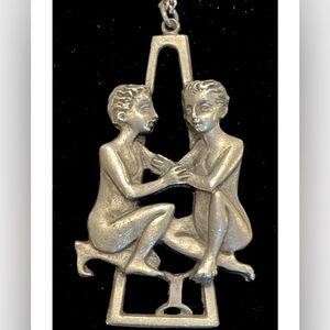 VINTAGE GENUINE PEWTER PENDANT GEMINI ZODIAC 31” NECKLACE SIGNED-CATHEDRAL-GUC